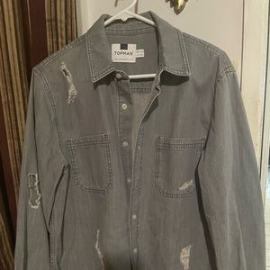 Topman gray distressed Jean button down shirt size M